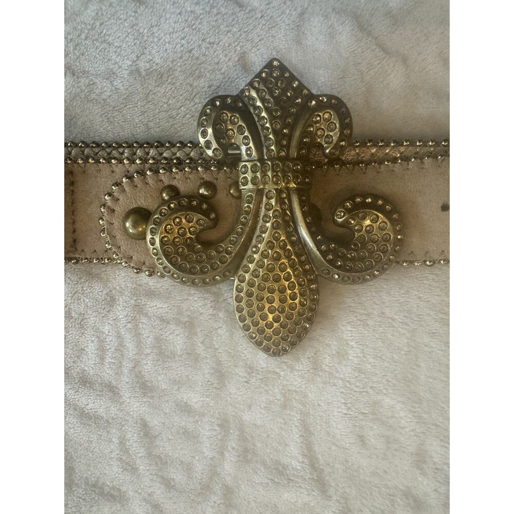Kathy Van Zeeland Fleur de lis Beige Faux Leather/Gold Tone Studs&Beads Size S